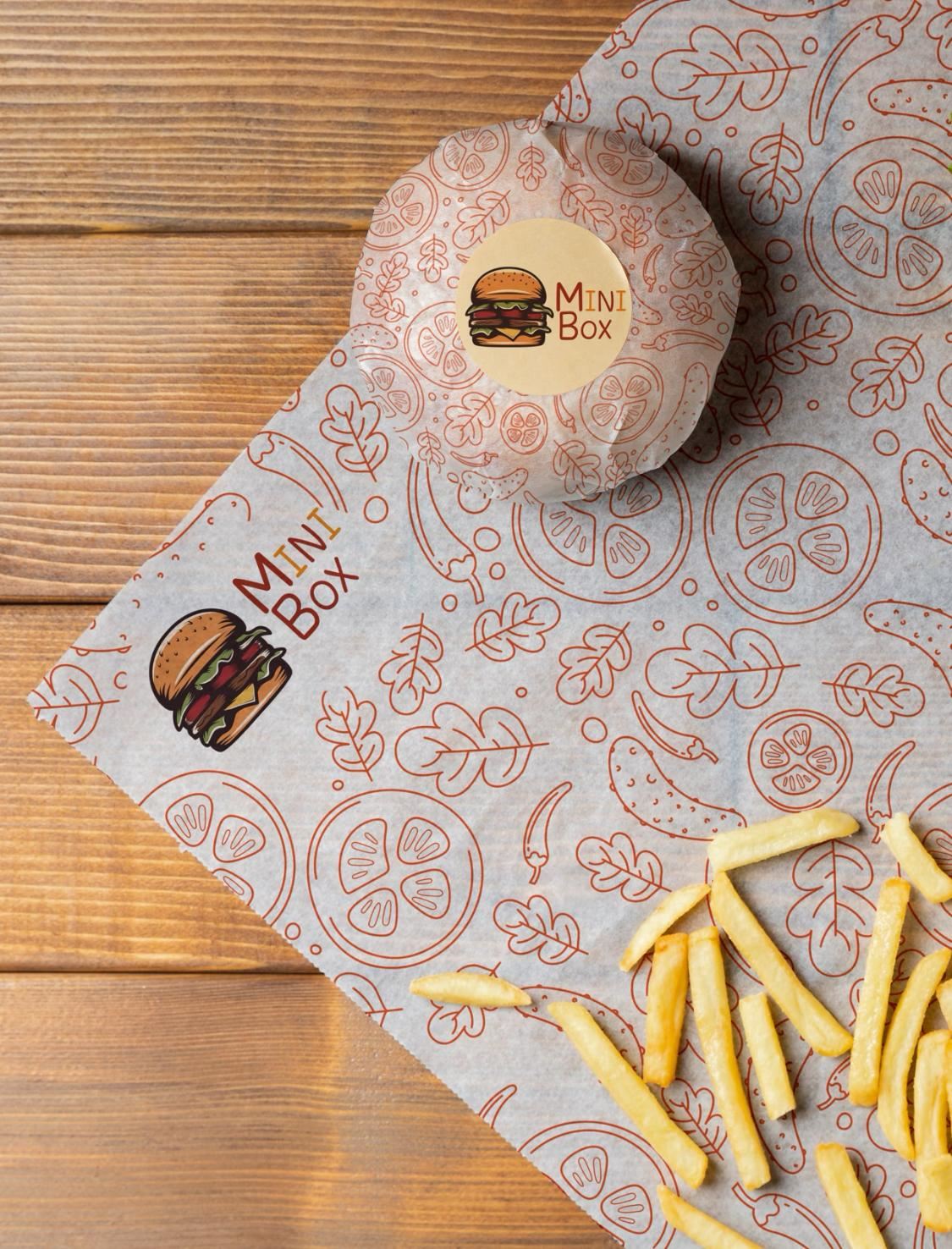 Burger wrapped in printed paper, with fries